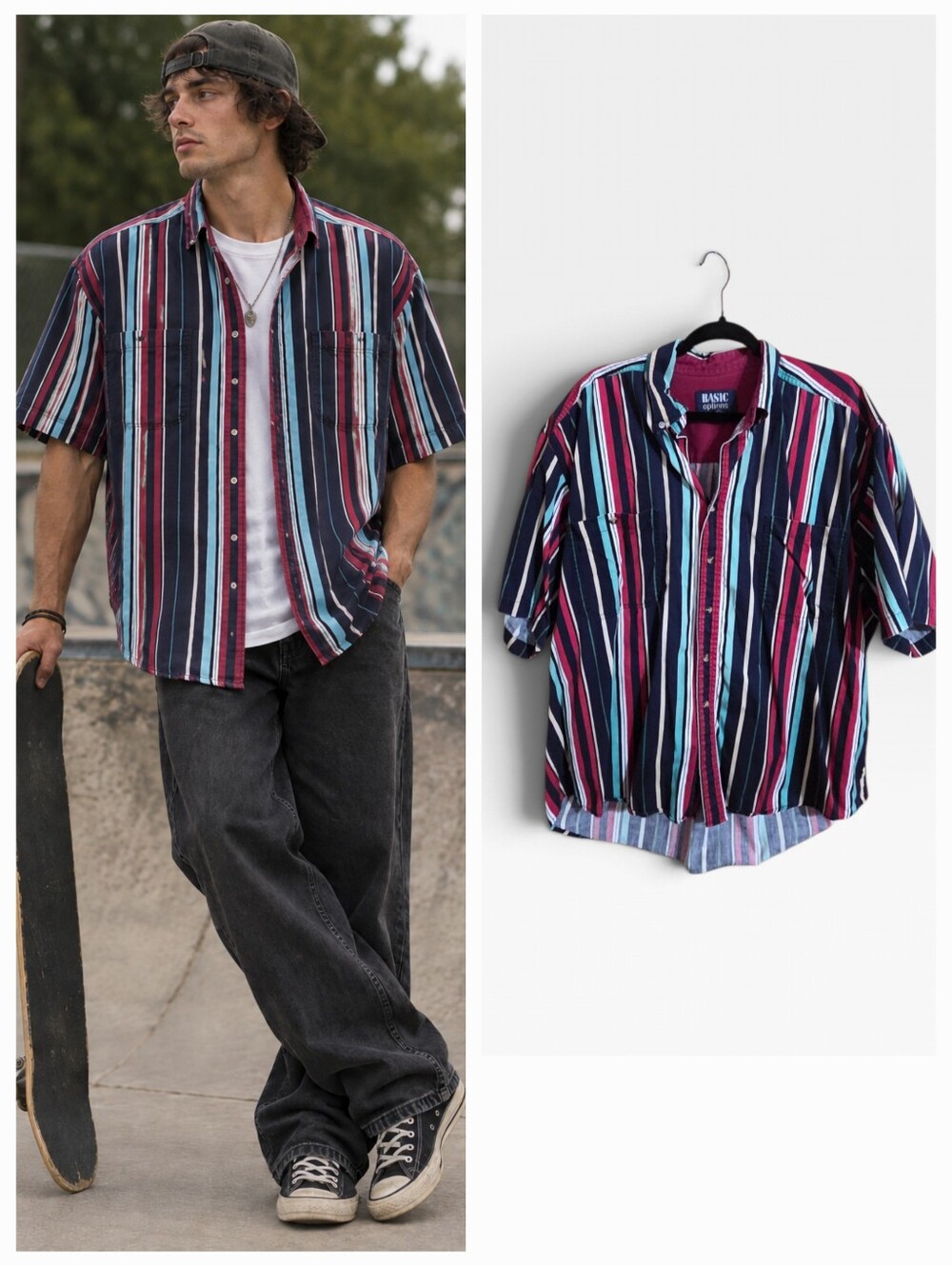 90s Stiped Cotton Button Down Shirt BASIC OPTIONS Mens XL Vintage Skater Grunge